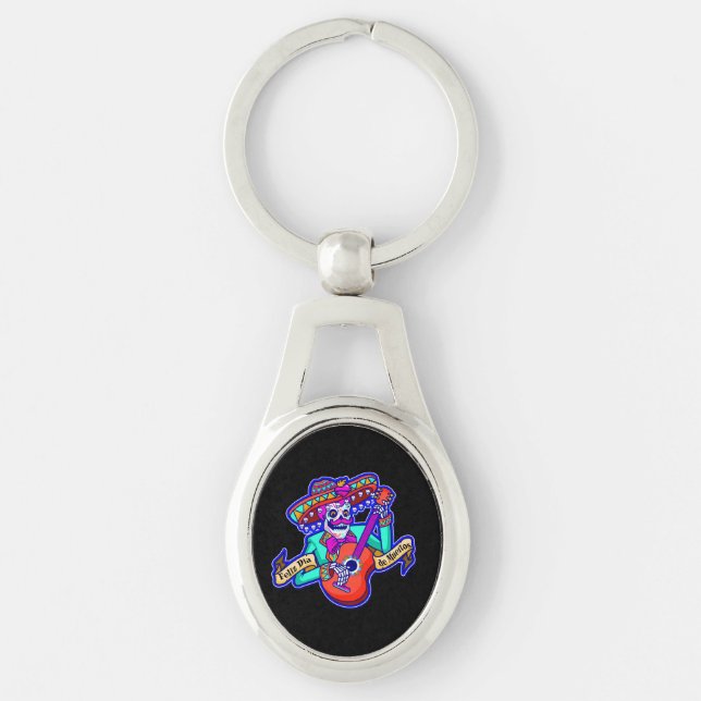 Feliz Dia De Muertos with Skeleton Playing Guitar Keychain (Front)