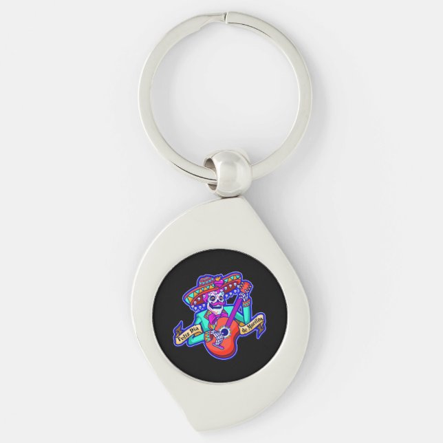 Feliz Dia De Muertos with Skeleton Playing Guitar Keychain (Front)