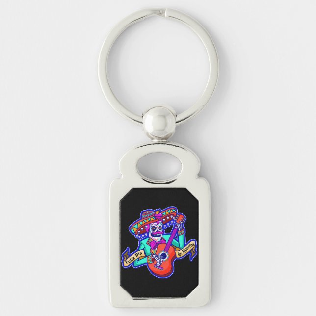 Feliz Dia De Muertos with Skeleton Playing Guitar Keychain (Front)