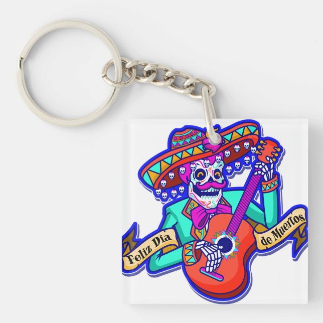Feliz Dia De Muertos with Skeleton Playing Guitar Keychain (Front)
