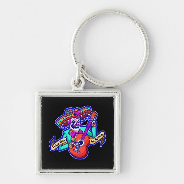 Feliz Dia De Muertos with Skeleton Playing Guitar Keychain (Front)