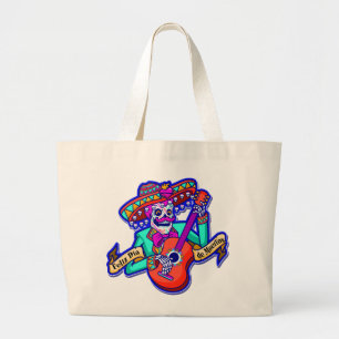 Feliz Dia De Muertos with Skeleton Playing Guitar Large Tote Bag