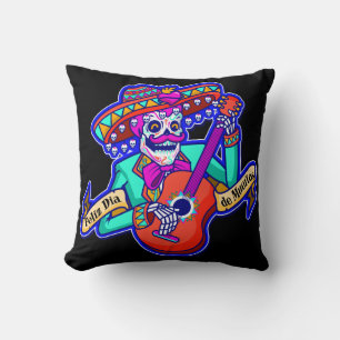 Feliz Dia De Muertos with Skeleton Playing Guitar Throw Pillow