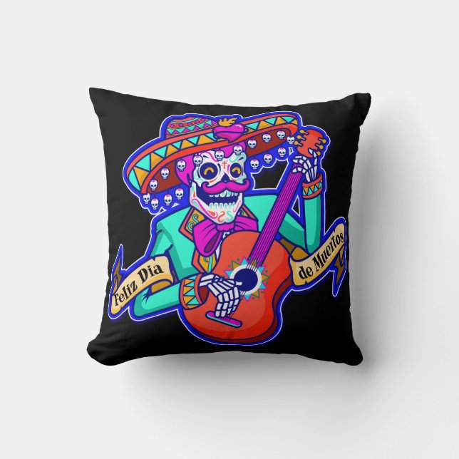 Feliz Dia De Muertos with Skeleton Playing Guitar Throw Pillow (Front)