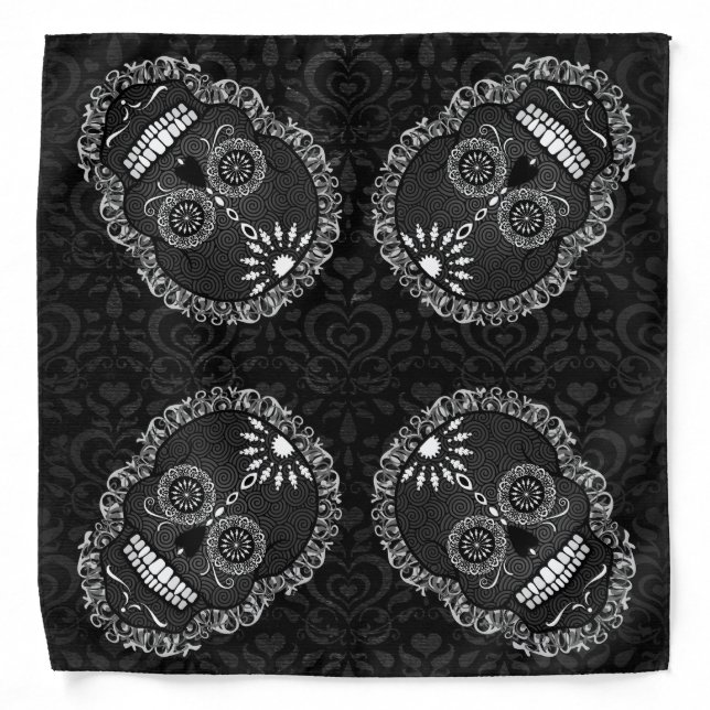 Feliz Muertos - Black & Gray Sugar Skulls Bandana (Front)