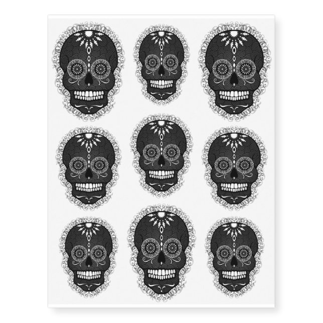 Feliz Muertos - Black & Gray Sugar Skulls Temporary Tattoos (Front)
