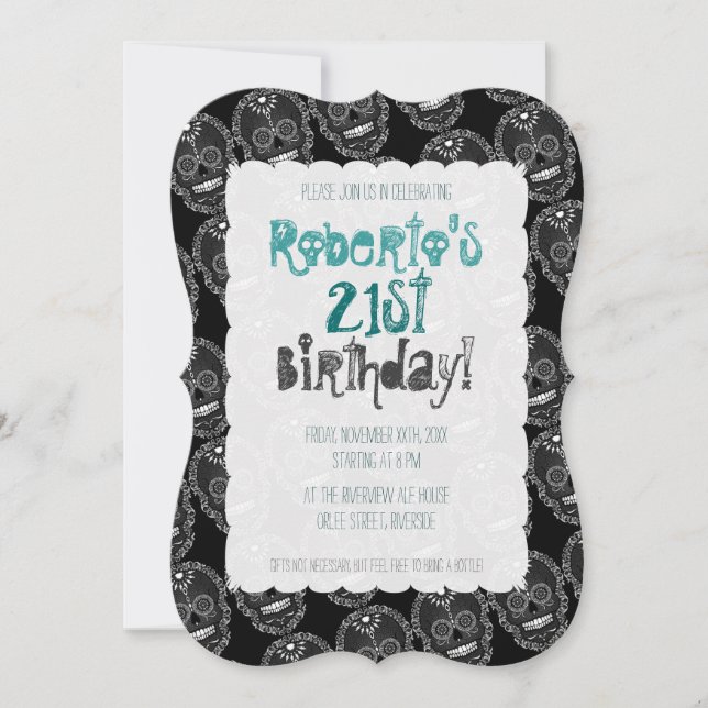 Feliz Muertos Black & Grey Sugar Skull Invitation (Front)