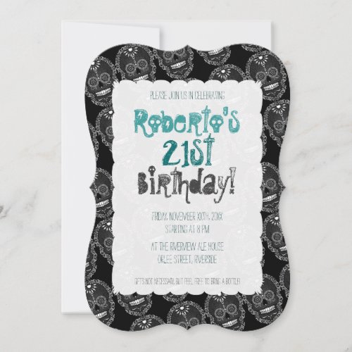 Feliz Muertos Black  Grey Sugar Skull Invitation