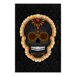 Feliz Muertos - Black & Orange Sugar Skull Damask Poster