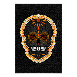 Feliz Muertos - Black & Orange Sugar Skull Damask Poster