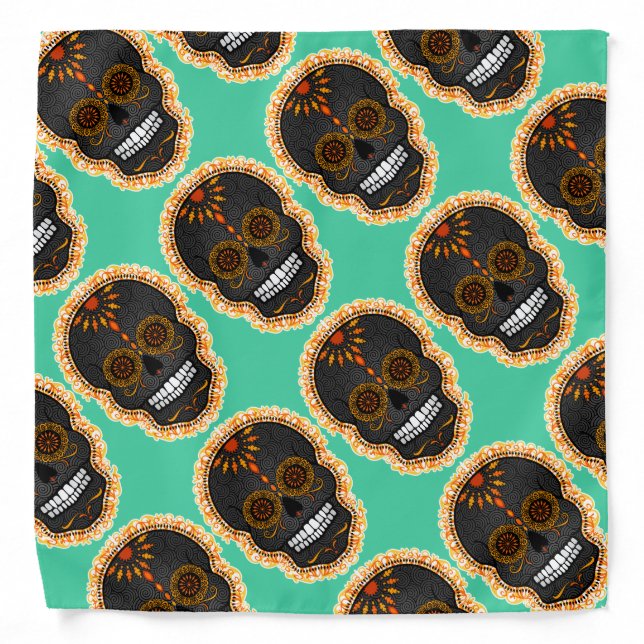 Feliz Muertos - Black & Orange Sugar Skulls Bandana (Front)