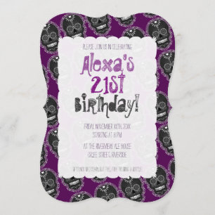 Feliz Muertos Black Sugar Skulls on Purple Invitation