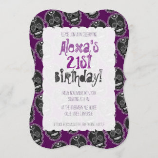 Feliz Muertos Black Sugar Skulls on Purple Invitation