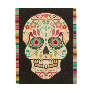 Feliz Muertos - Festive Sugar Skull & Stripes Wood Wall Art