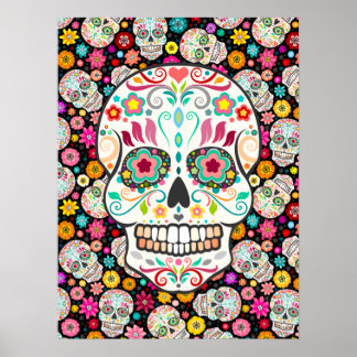 Feliz Muertos - Festive Sugar Skulls on Black Poster