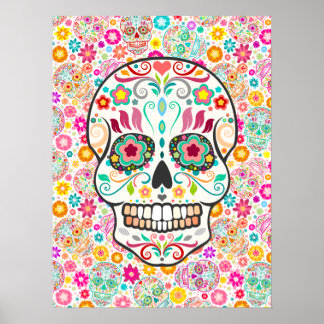 Feliz Muertos - Festive Sugar Skulls on White Poster