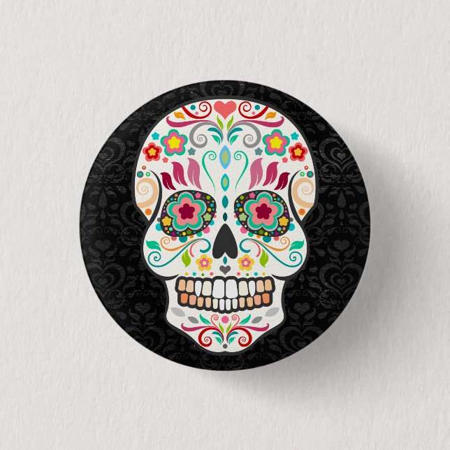 Feliz Muertos - Happy Sugar Skull Button Pin (Front)