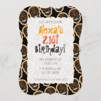 Feliz Muertos Orange Sugar Skulls on Black Invitation