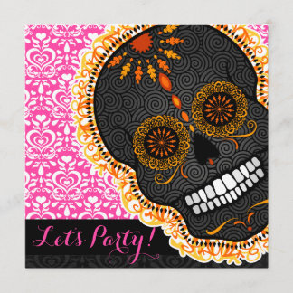 Feliz Muertos Orange Tilted Sugar Skull on Pink Invitation