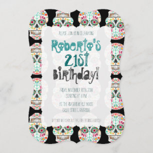 Feliz Muertos Sugar Skull on Black Damask Invitation