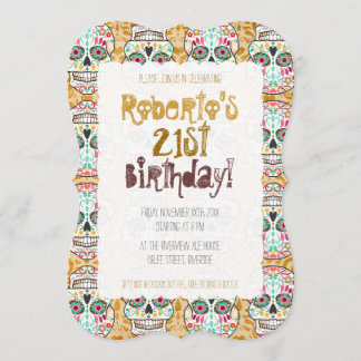 Feliz Muertos Sugar Skull on Brown Damask Invitation
