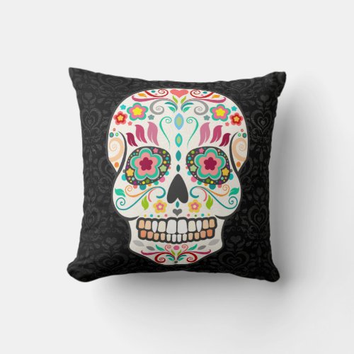 Feliz Muertos _ Sugar Skull on Damask Throw Pillow