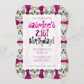 Feliz Muertos Sugar Skull on Purple Damask Invitation