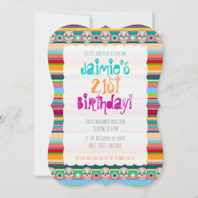 Feliz Muertos Sugar Skulls on Festive Stripes Invitation (Front)