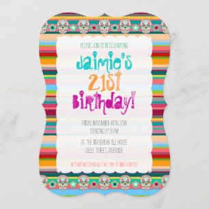 Feliz Muertos Sugar Skulls on Festive Stripes Invitation