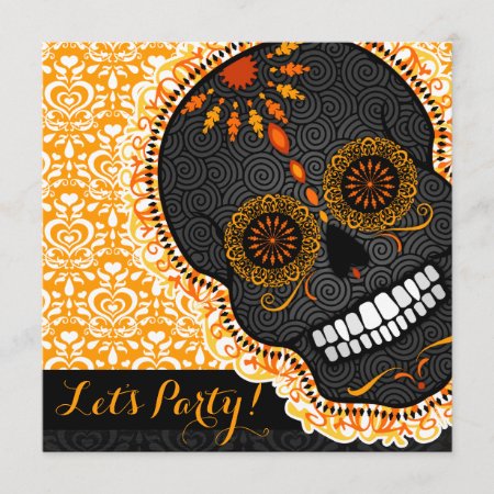 Feliz Muertos Tilted Orange And Black Sugar Skull Invitation