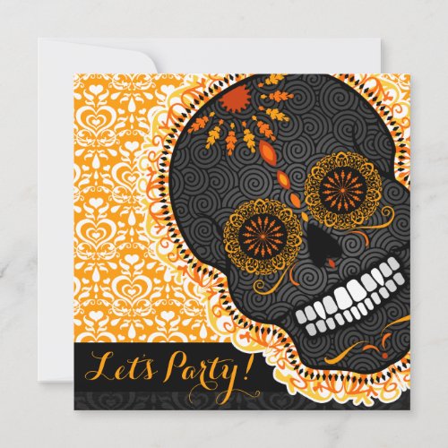 Feliz Muertos Tilted Orange and Black Sugar Skull Invitation