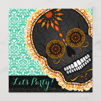 Feliz Muertos Tilted Orange Sugar Skull on Teal Invitation