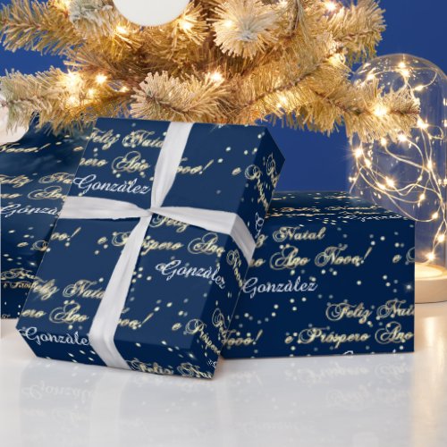 Feliz Natal e Prospero Ano Novo Name Blue Navy Wrapping Paper