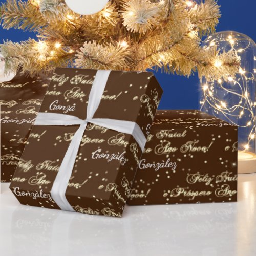 Feliz Natal e Prospero Ano Novo Name Brown  Wrapping Paper