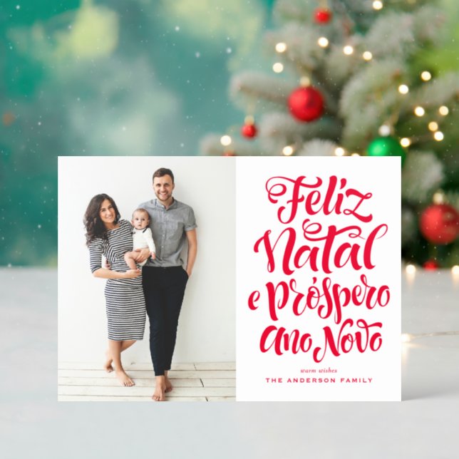 Feliz Natal e Próspero Ano Novo Script Christmas Letterpress Photo Cards (Front (Into))