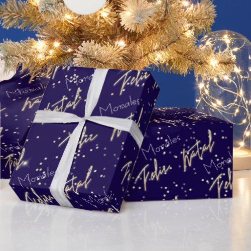 Feliz Natal Golden Script Custom Name Blue Navy Wrapping Paper