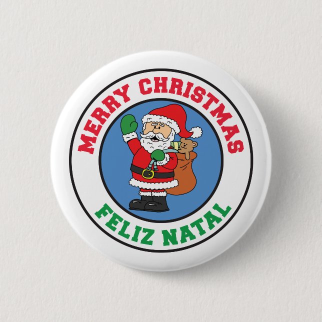 Feliz Natal Merry Christmas Santa Button (Front)