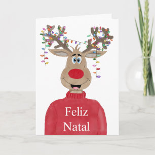 Feliz Natal, Portugese Christmas Lights Reindeer Holiday Card