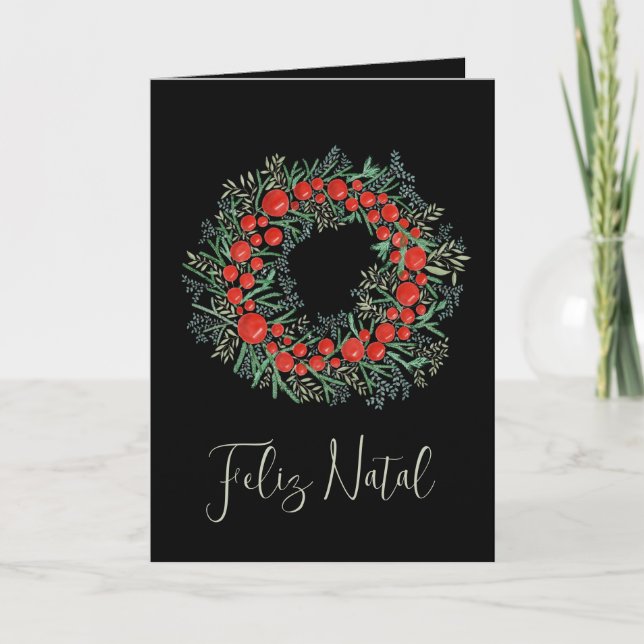 Feliz Natal, Portugese Christmas wreath Holiday Card (Front)