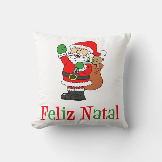 Feliz Natal Portuguese Christmas Santa Throw Pillow (Front)