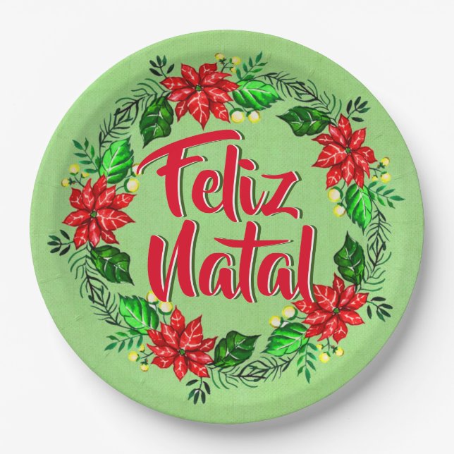 Feliz Natal Portuguese Merry Christmas 9" Paper Plates (Front)