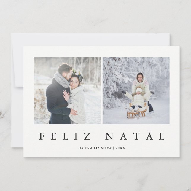 Feliz Natal Portuguese Modern Christmas Two Photo Holiday Card (Front)