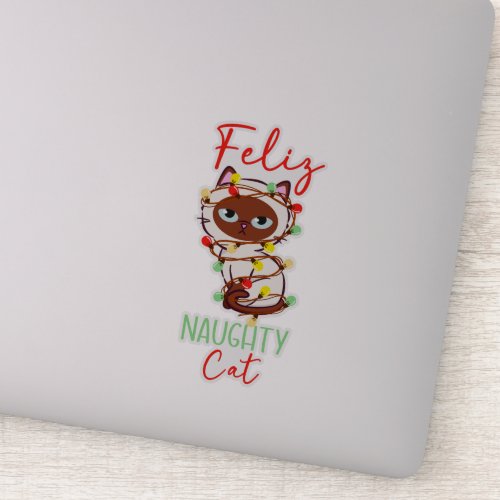 Feliz naughty cat Christmas tree lights cute funny Sticker