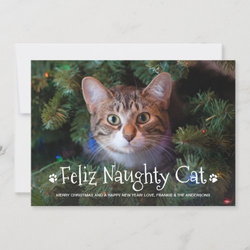 Feliz Naughty Cat Funny Personalized Pet Photo Holiday Card