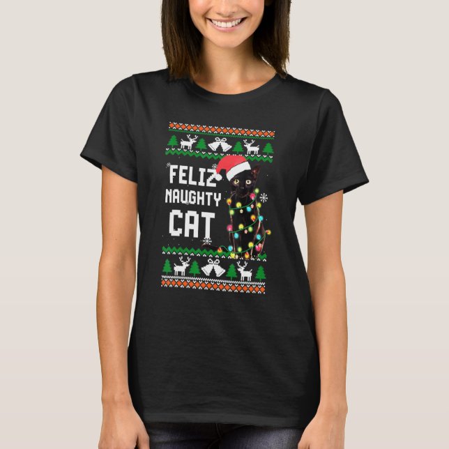 Feliz Naughty Cat Ugly Sweater Christmas Lights (Front)