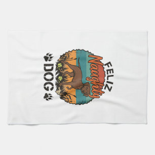 Feliz Naughty Dog Brown Retro Sun Paw Prints Kitchen Towel