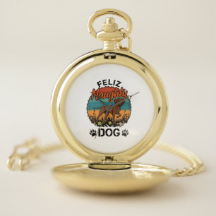 Feliz Naughty Dog Brown Retro Sun Paw Prints Pocket Watch