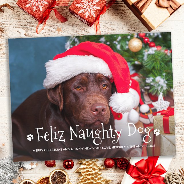 Feliz Naughty Dog Funny Personalized Pet Photo Holiday Postcard (Creator Uploaded)
