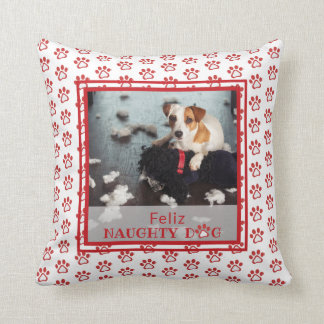 Feliz Naughty Dog Red Paw Pattern Pet Photo Throw Pillow