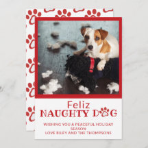 Feliz Naughty Dog Red Paw Prints Pet Photo Holiday